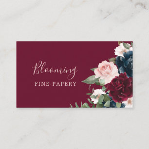 Carte De Visite Rouge Bourgogne & Bleu Elégant Aquarelle Fleurs