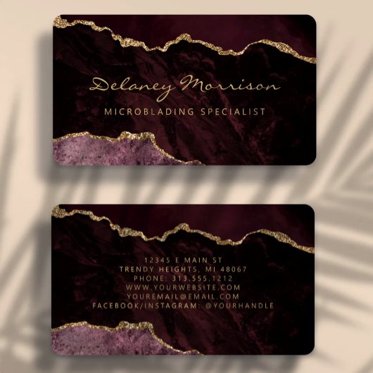Carte De Visite Rouge Bourgogne Or Agate Microblading Arrondi