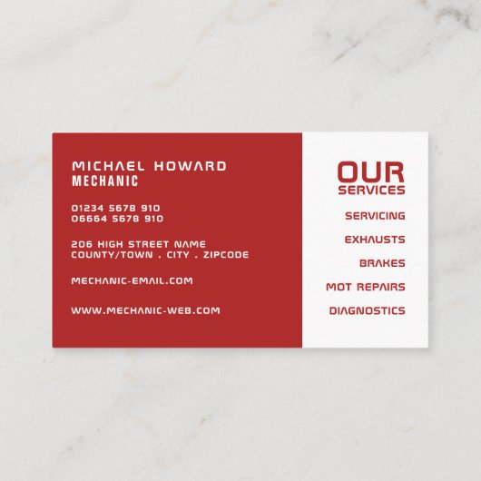 Carte De Visite Rouge classique, mécanique automobile et réparatio (Dos)