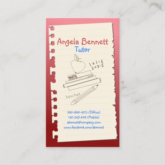Carte de visite rouge Doodle Tutor d'une page (Devant)