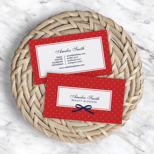 Carte De Visite Rouge et blanc Polka Dot Bleu Ruban Social Media