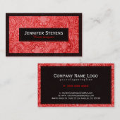 Carte De Visite Rouge Faux Suede Cuir Design Floral (Devant / Derrière)