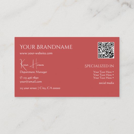 Carte De Visite Rouge indien clair avec monogramme QR-Code et bijo (Dos)