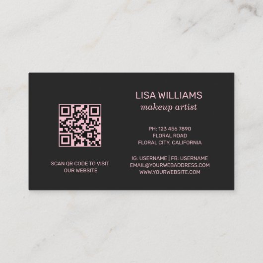 Carte De Visite Rouge rose Floral noir l QR Code (Dos)