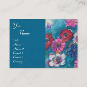 CARTE DE VISITE ROUGE ROUGE BLANC FLEURS COLORÉES EN MONOGRAM BLEU