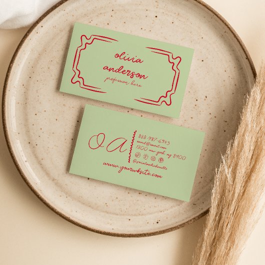 Carte De Visite Rouge rouge rétro dessiné à la main fille unique