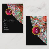 Carte De Visite ROUGE RUBY DAMASK MONOGRAMME 3 fuchsia vert rose b (Devant / Derrière)