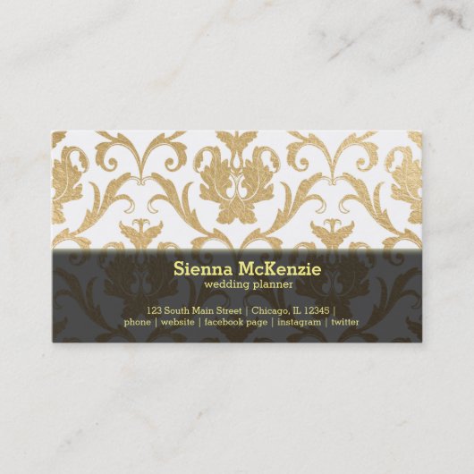 Carte De Visite Rouleau d'or mariage damassé planner (Devant)