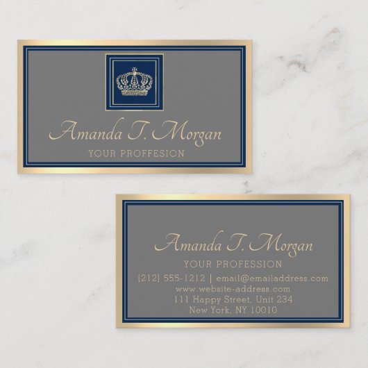 Carte De Visite Royal Event Mariage Golden Crown Frame Grey Navy (Devant / Derrière)