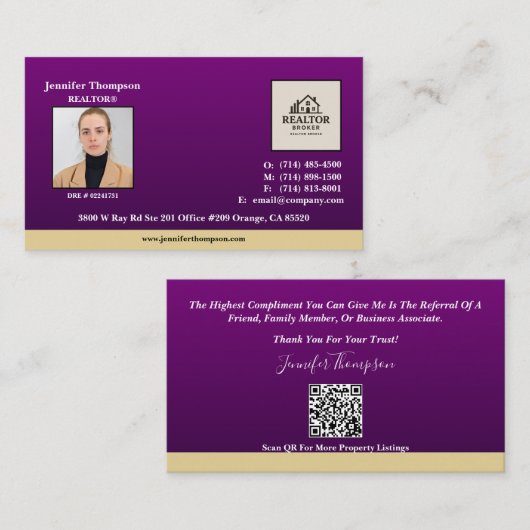 Carte de visite royal violet avec accentuation or (Devant / Derrière)