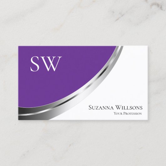 Carte De Visite Royal violet blanc avec soie déco et monogramme (Devant)