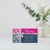 Carte De Visite Ruban Faux Argent Damassé Bleu Nuit Fuchsia Insert (Debout devant)