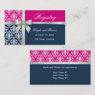 Carte De Visite Ruban Faux Argent Damassé Bleu Nuit Fuchsia Insert