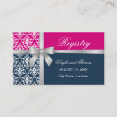 Carte De Visite Ruban Faux Argent Damassé Bleu Nuit Fuchsia Insert (Devant)