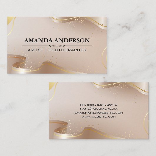 Carte De Visite Rubans Beige et or de luxe (Devant / Derrière)