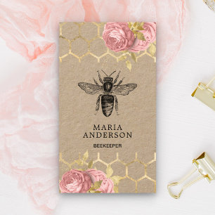 Carte De Visite Rural Rose Pâle Floral Abeille Noire Kraft