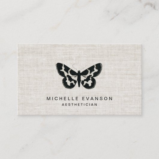 Carte De Visite Rustic Black Butterfly Logo on Elegant Linen (Devant)