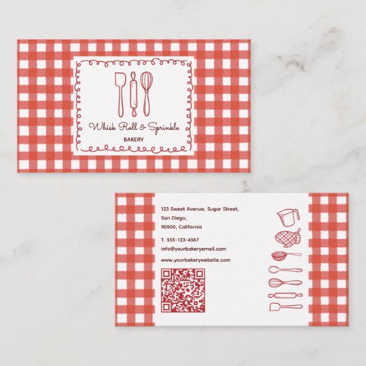 Carte De Visite Rustic Farmhouse Gingham QR Code Bakery (Devant / Derrière)
