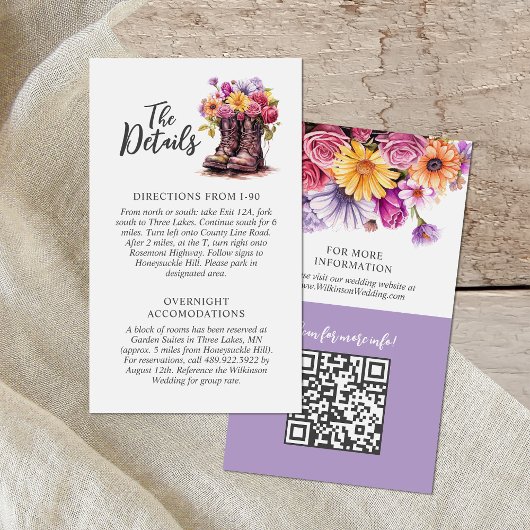 Carte De Visite Rustic Floral Farm Boots Détails du Mariage Info C