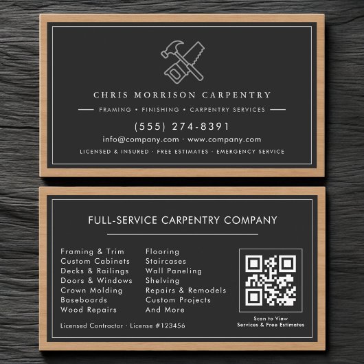 Carte De Visite Rustic QR Code Carpenter Carpentry Services