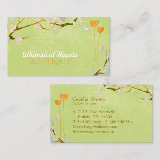 Carte De Visite Rustic Spring Green Deux Coeurs (Devant / Derrière)