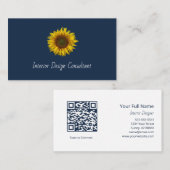 Carte De Visite Rustic Sunflower QR code Boho Navy Blue (Devant / Derrière)