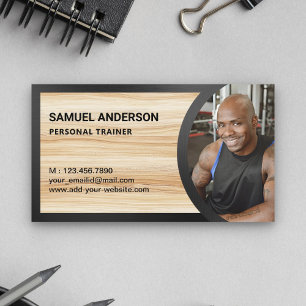 Carte De Visite Rustic Wood Grain Fitness Personal Trainer Photo