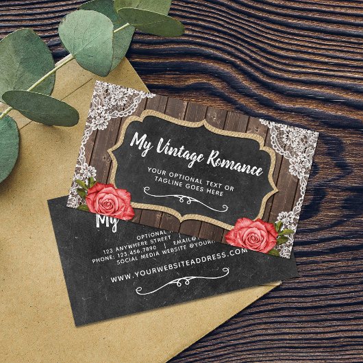 Carte De Visite Rustic Wood & Lace Floral Chalkboard Country Chic