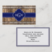 Carte De Visite Rustic Wood Metal Band Navy Quatrefoil 3 monogram (Devant / Derrière)