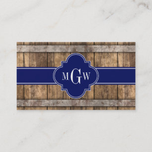 Carte De Visite Rustic Wood Metal Band Navy Quatrefoil 3 monogram