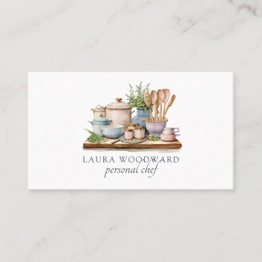Carte De Visite Rustique Aquarelle Cuisine & Herbes Chef (Devant)
