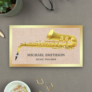 Carte De Visite Rustique Burlap Gold Foil Saxophone Music Enseigna