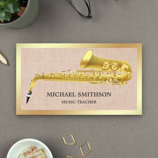 Carte De Visite Rustique Burlap Gold Foil Saxophone Music Enseigna