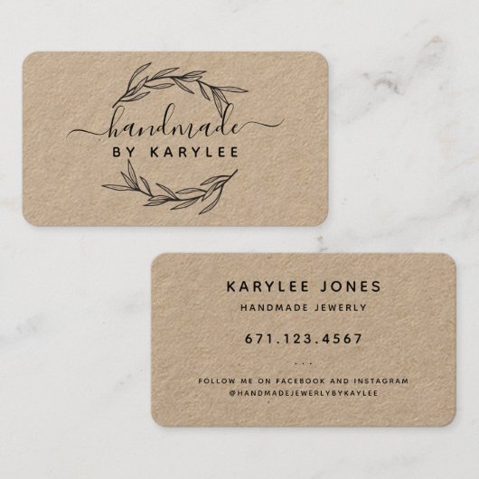 Carte De Visite Rustique Feuille de laurier Script artisanal (Devant / Derrière)