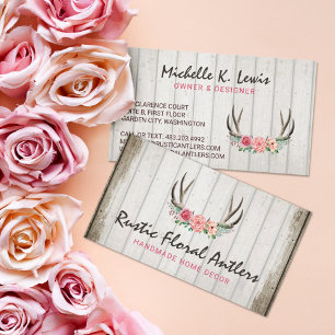 Carte De Visite Rustique Floral Antlers Shabby Chic Roses & Bois