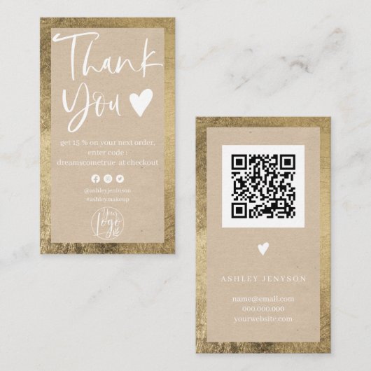 Carte De Visite Rustique kraft or blanc logo commander merci (Devant / Derrière)