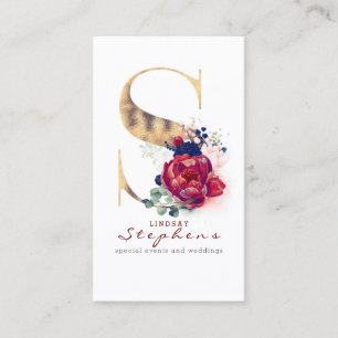 Carte De Visite S Monogram Burgundy Gold et Navy Blue Floral