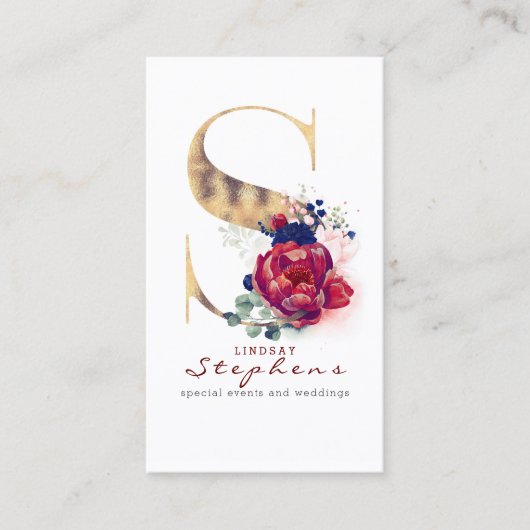 Carte De Visite S Monogram Burgundy Gold et Navy Blue Floral (Devant)