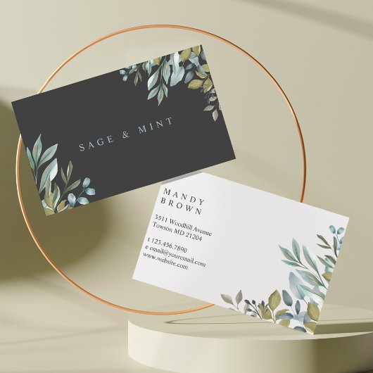 Carte De Visite Sage Et Feuille Aquarelle Verdure