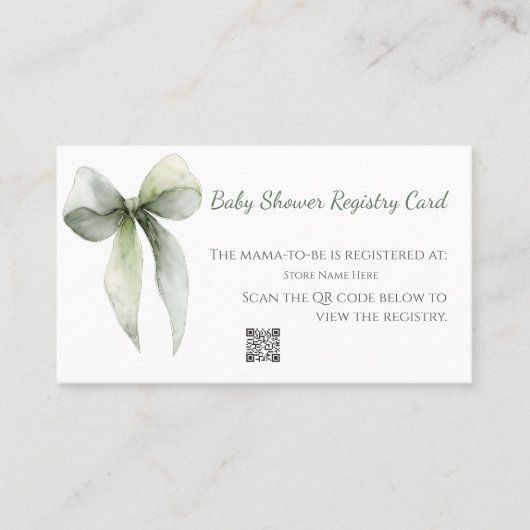 Carte De Visite Sage Green Bow Baby Shower Registry Card (Devant)