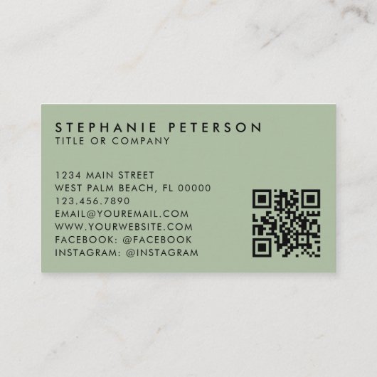 Carte De Visite Sage Green Elegant Custom Company Logo Code QR (Dos)