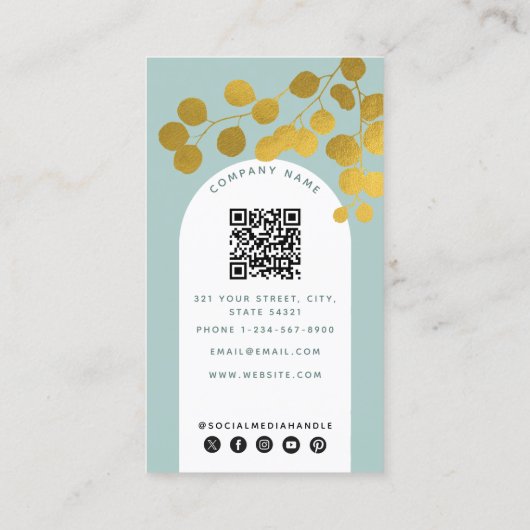 Carte De Visite Sage Green Gold Feuille Modern Arch Code QR (Dos)