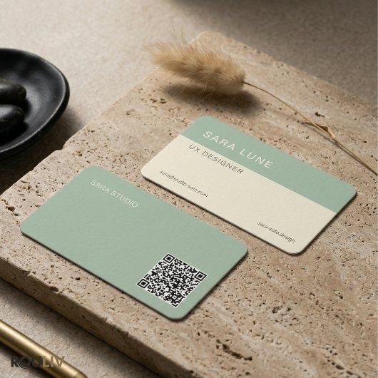Carte De Visite Sage Green Japandi Minimal QR Code Designer Studio