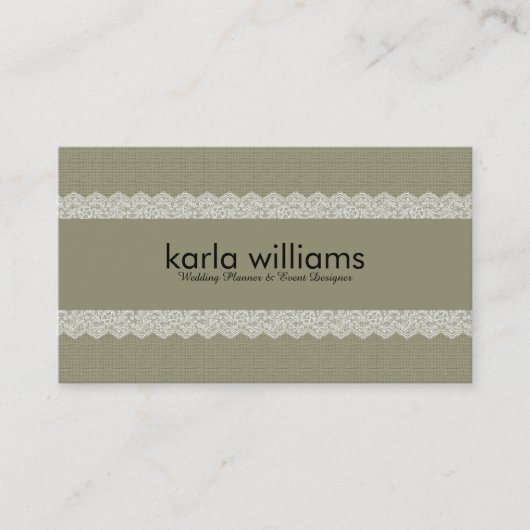 Carte De Visite Sage Green Lin Texture & Dentelle blanche (Devant)