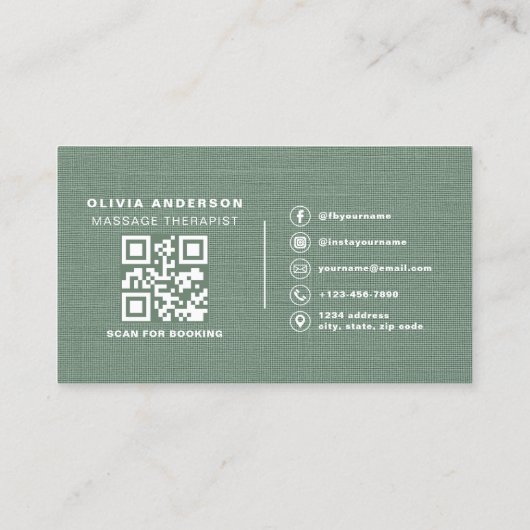 Carte De Visite Sage Green Linen Massage Therapist QR Code  (Dos)