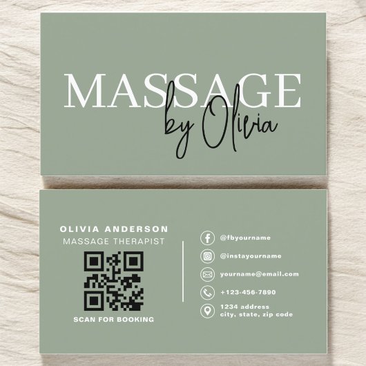 Carte De Visite Sage Green Massage Therapist QR Code