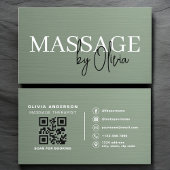 Carte De Visite Sage Green Metallic Massage Therapist QR Code 