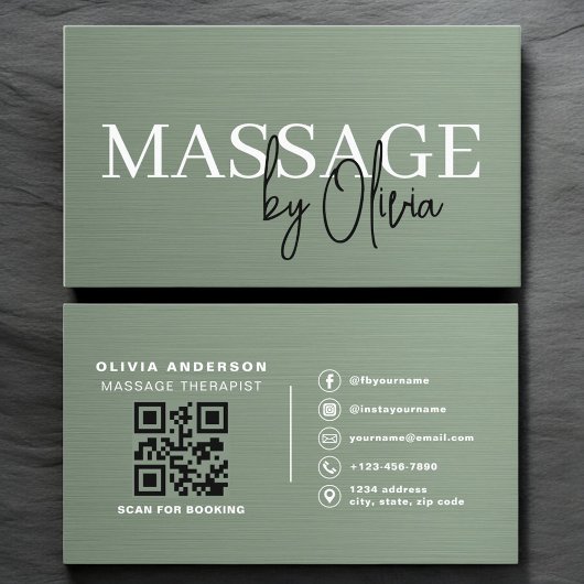Carte De Visite Sage Green Metallic Massage Therapist QR Code 