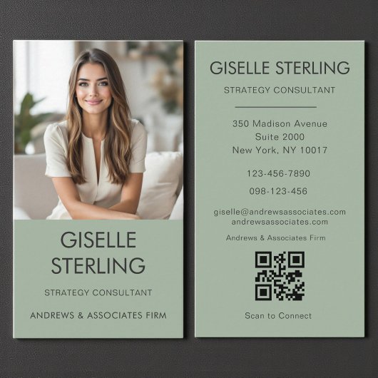 Carte De Visite Sage Green Minimal QR Code Photo Moderne