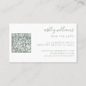 Carte De Visite Sage Green Monogramme Floral Crest QR Code (Dos)